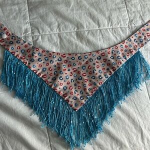 Fringed Patterned Scarf with Blue Accents